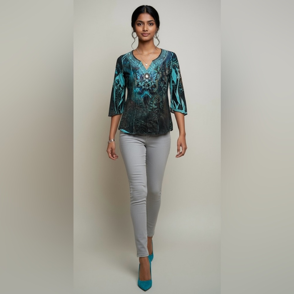 B.L.E.U Boho Mandala Wooden Beaded Teal Black Embellished V-Neck Blouse
